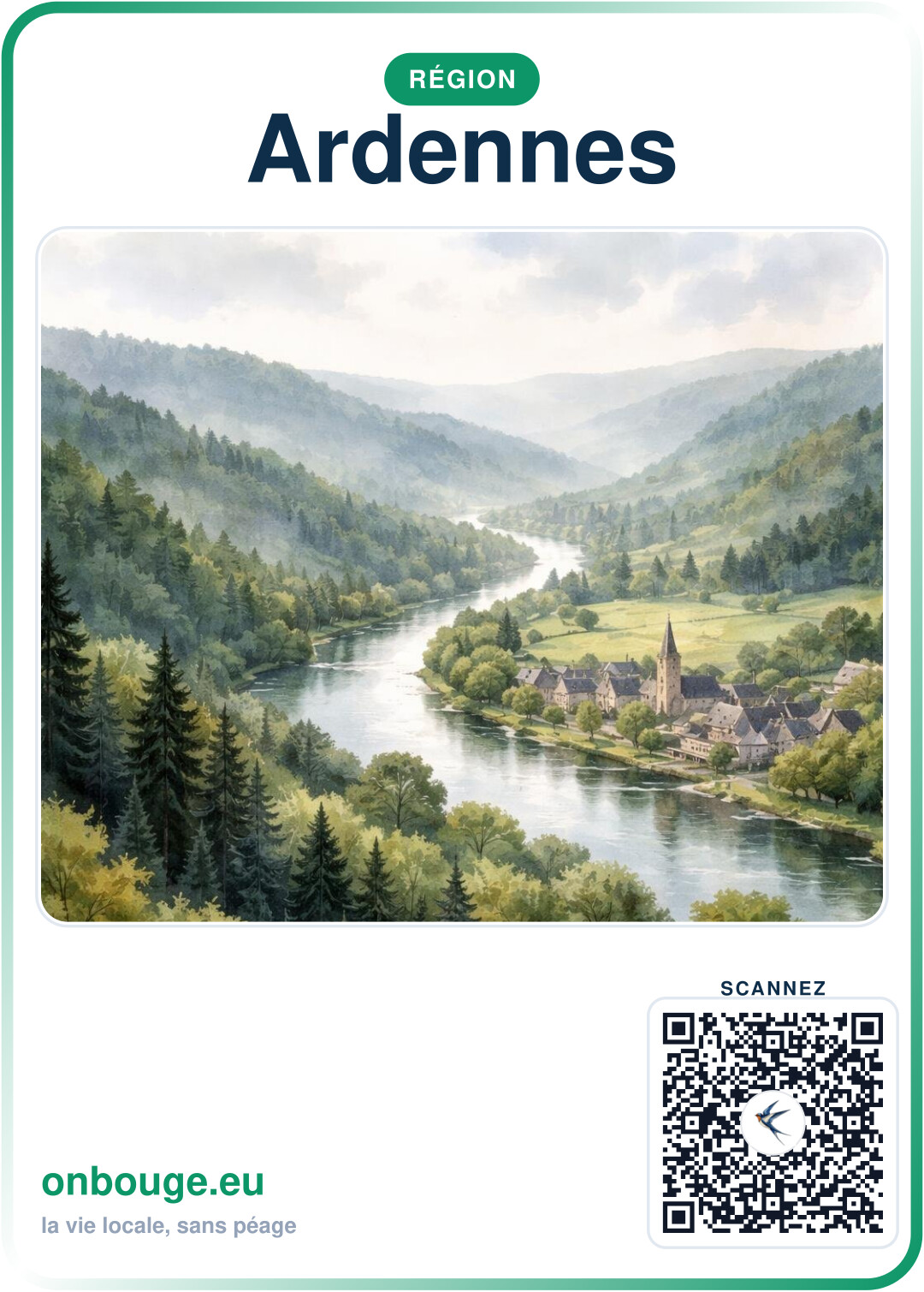 Aquarelle Ardennes — carte OnBouge avec QR