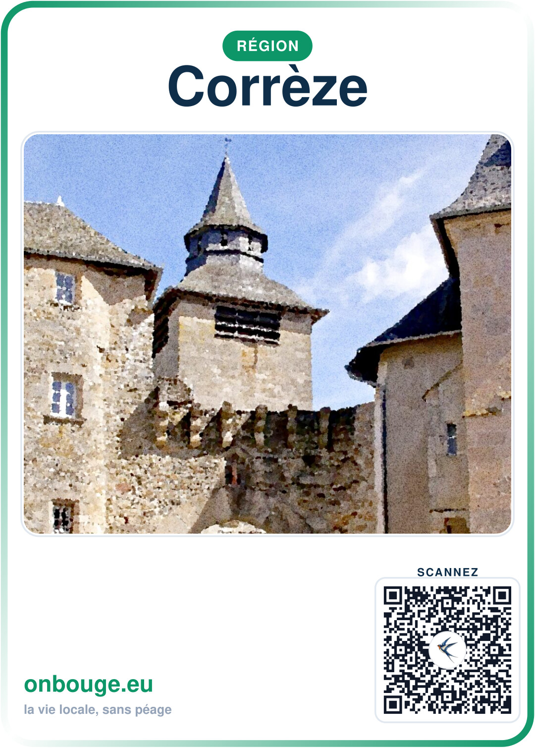 Aquarelle Corrèze — carte OnBouge avec QR