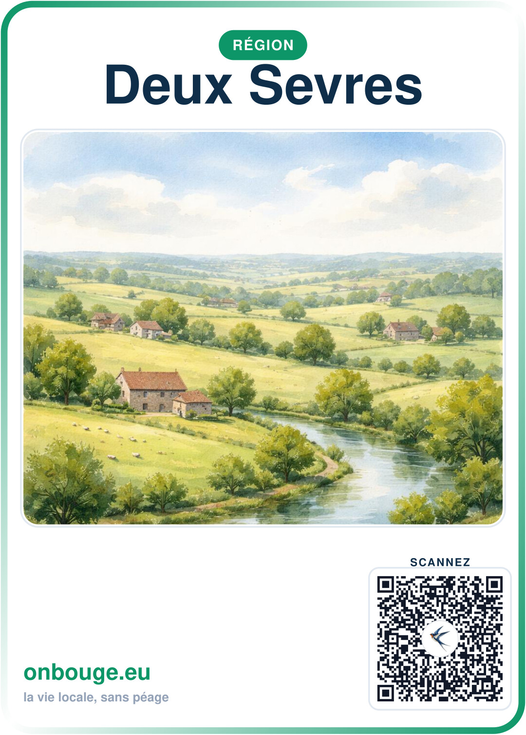 Aquarelle Deux-Sèvres — carte OnBouge avec QR