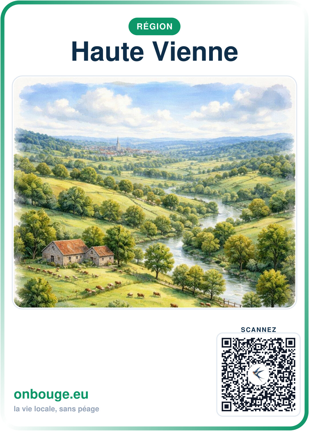 Aquarelle Haute-Vienne — carte OnBouge avec QR