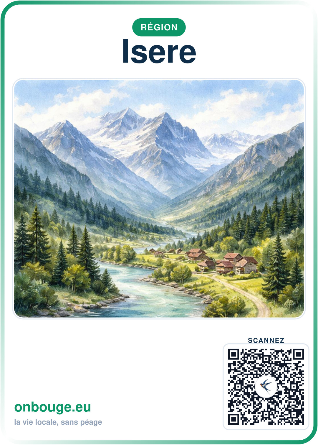 Aquarelle Isère — carte OnBouge avec QR