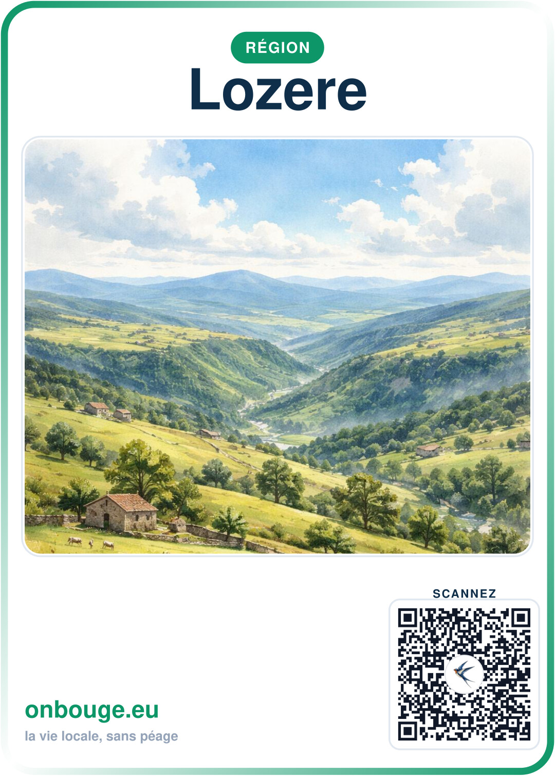 Aquarelle Lozère — carte OnBouge avec QR