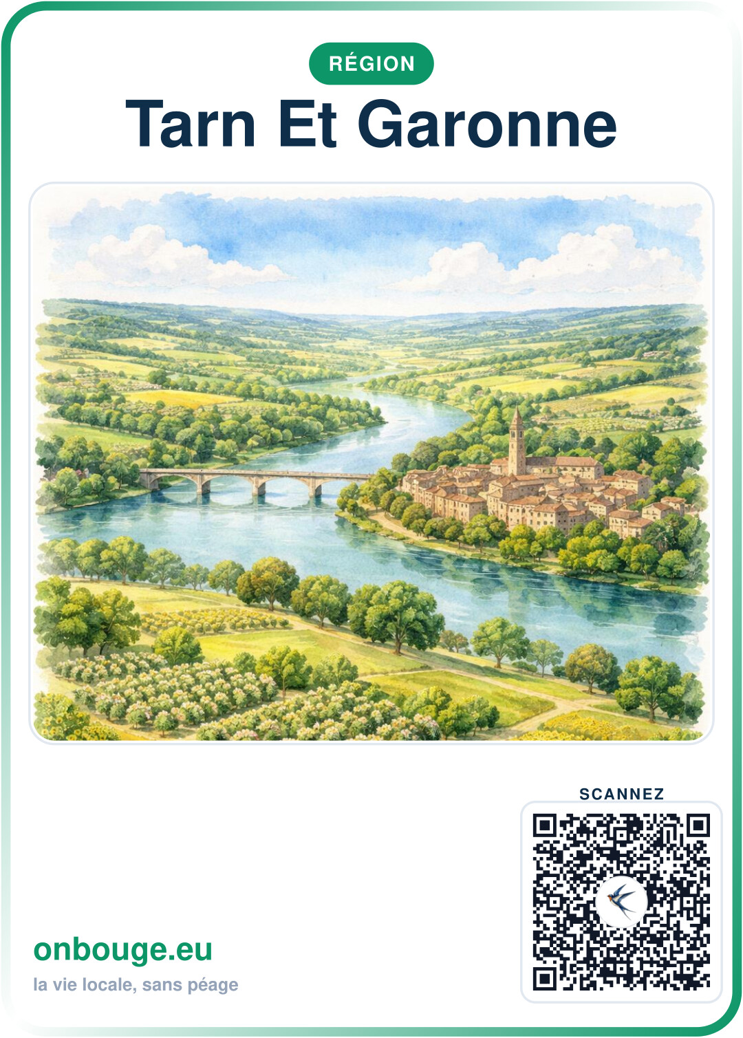 Aquarelle Tarn-et-Garonne — carte OnBouge avec QR