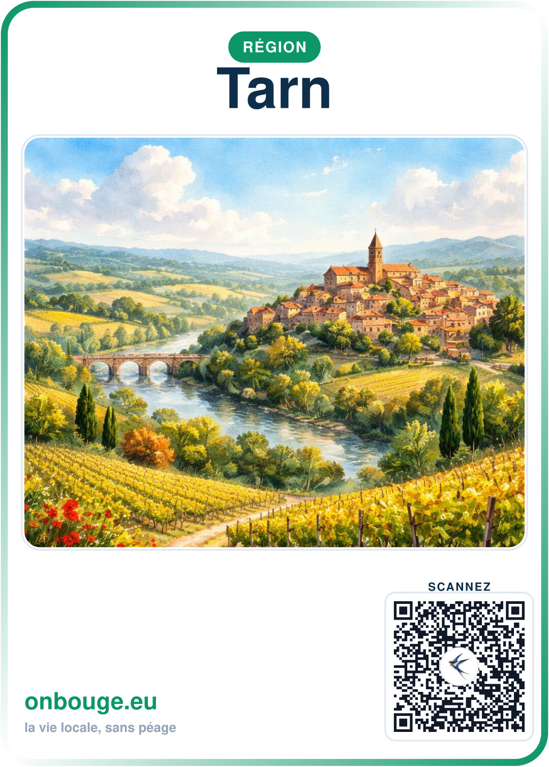 Aquarelle Tarn — carte OnBouge avec QR